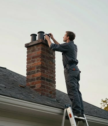 A professional technician in a dark grey uniform standing on a ladder inspecting a chimney top, North American suburban house setting, minimalist composition, soft natural lighting.
