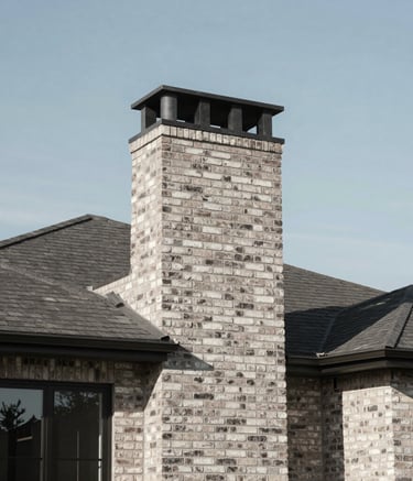 A wide-angle, minimalist photograph of a modern North American residential home featuring a clean-lined brick chimney against a clear sky, emphasizing professional construction and craftsmanship.