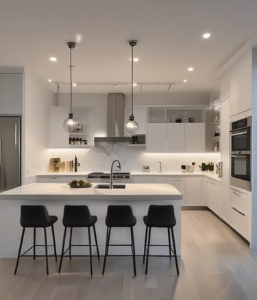 a kitchen with a large island and a bar stool