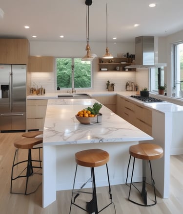 a kitchen with a bowl of fruit on the counter
