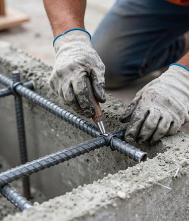 A close-up of hands in work gloves skillfully applying a protective coating to a metal re-bar within an opened cement sill, professional construction site in Florida.