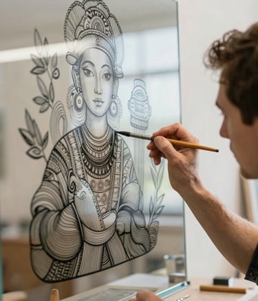 An artist carefully painting a detailed design on a glass panel.