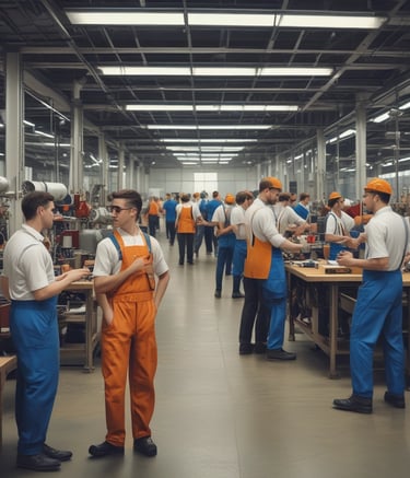 A calm and trustworthy office environment with navy blue and gold accents.