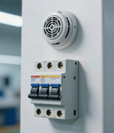 A sharp, professional photograph of a modern industrial smoke detector and a UL-listed circuit breaker mounted on a clean white wall in a North American / International textile factory setting. The lighting is bright and technical, with soft shadows and hints of sky blue and steel blue reflections on the metallic surfaces.