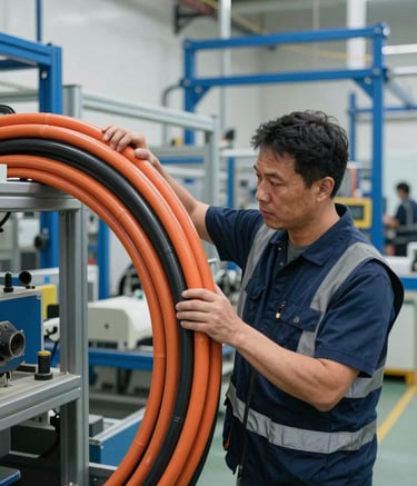 A technical professional in a North American / International industrial environment wearing a navy blue safety vest, inspecting a bundle of thick, fire-resistant orange and black cables. The background is a clean, modern textile mill with steel blue equipment and soft white walls.