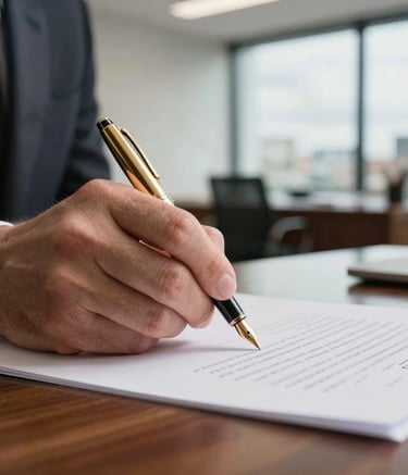 A close-up photography shot of a professional hand holding a classic gold fountain pen, poised to sign a document on a polished mahogany desk. The background is a soft-focus view of a modern London office with cloud white walls, conveying a sense of finality and success in a Northern European / British financial setting.