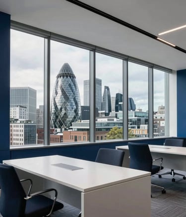 A professional wide-angle interior photograph of a modern financial office in London. Large floor-to-ceiling windows reveal the iconic London skyline. The interior features midnight blue accents and elegant cloud white desks, captured in bright, natural daylight.