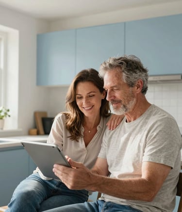 A high-quality lifestyle photograph of a Northern European / British couple in their mid-40s sitting in a sunlit, modern kitchen in London, looking at a digital tablet together with expressions of relief and happiness. The room is decorated in soft blue and cloud white tones, emphasizing a peaceful atmosphere.
