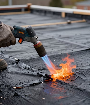 Close-up photography of a professional roofing torch flame being applied to a modified bitumen membrane on a flat roof. Action shot with glowing orange heat and blue flames, high-quality roofing equipment, North American construction site.