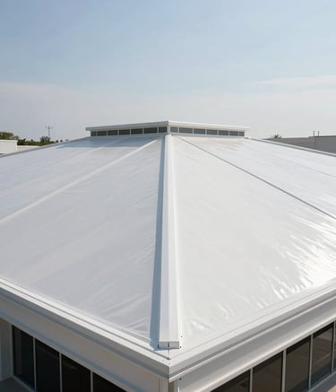 A wide-angle architectural photograph of a completed, clean white torchdown roof on a modern building in the US. Symmetrical composition, professional finish, bright sunlight reflecting off the durable waterproof surface.