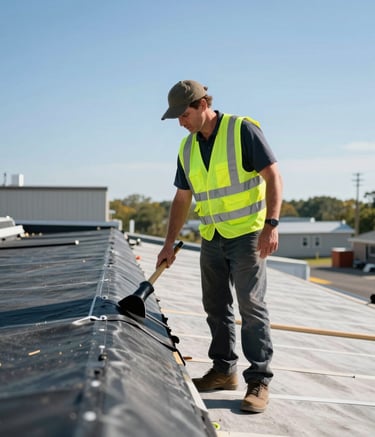 A professional roofing contractor in a high-visibility vest standing on a flat commercial roof in Toms River, New Jersey, US, inspecting a torchdown membrane installation. Bright daylight, clear blue sky.