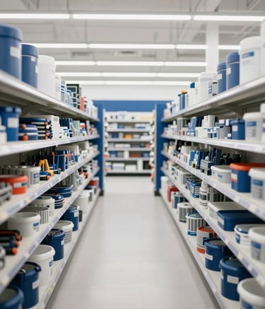 A wide-angle interior shot of a modern hardware store. The aisles are perfectly organized with rows of professional tools and building materials. The design is clean and structured, using a palette of white (#F8F9FA) and deep blue (#1A202C) for the displays.