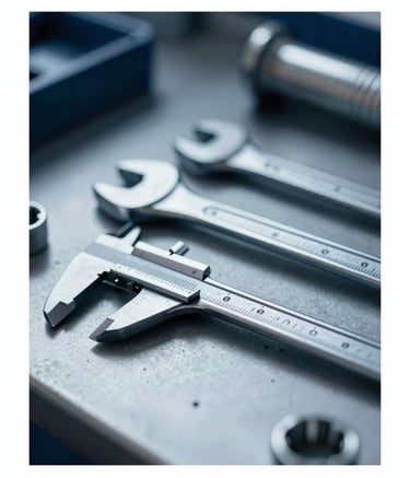 A professional close-up of high-quality industrial tools like wrenches and calipers laid out on a clean workbench. The lighting is crisp, highlighting the metallic texture and precision of the steel. The background features subtle dark navy tones (#1A202C) and cool steel blue shadows (#3A506B).