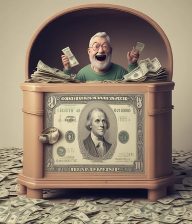 A person is holding a large amount of paper currency in a dimly lit environment. The image has a sepia tone, giving it an aged, vintage appearance. The focus is on the bundle of money prominently displayed in the person's hands.