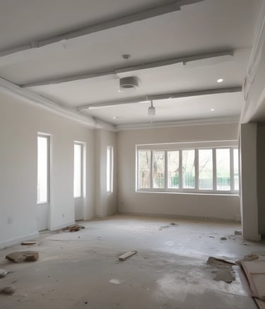 A partially demolished building surrounded by rubble and debris. The structure has missing walls and exposed beams, with piles of bricks and dirt scattered around. A large metal blade, possibly from a bulldozer, is positioned in front of the scene.
