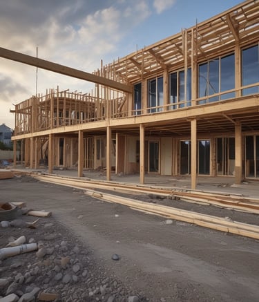A construction site with partially demolished buildings and an excavator. The site is surrounded by a metal fence. The buildings appear old, with exposed rebar and boarded windows. In the background, high-rise buildings such as a hotel and office buildings are visible.