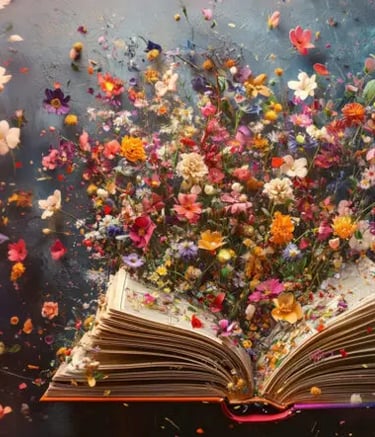 Flowers emerging from book pages.