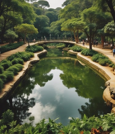 A luxurious building with beige walls and arched windows is surrounded by lush greenery and palm trees. In the foreground, a bright turquoise swimming pool is visible, bordered by well-maintained shrubs and trees.