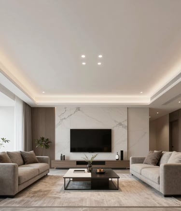 Modern living room with sleek drywall ceiling and recessed lighting in São Paulo apartment.