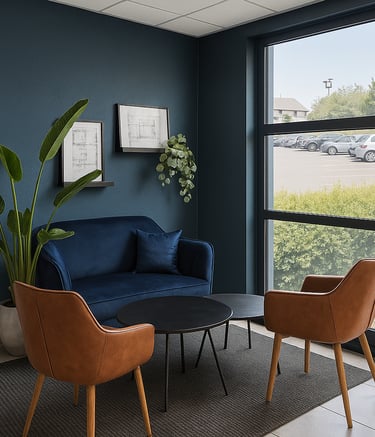 Coin accueil dans une entreprise avec canapé et plante