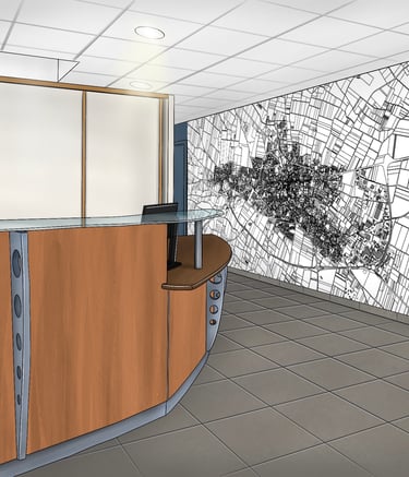 Décoration de l'accueil Initio conseil dessiné. Avec une carte panoramique sur un mur