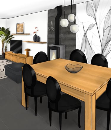 Salon salle à manger, dans les tons gris avec une tapisserie panoramique pétales noirs et blancs