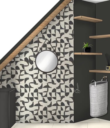 mur vue de face, décoré avec une tapisserie noire et blanche. et un coin optimisé pour le rangement