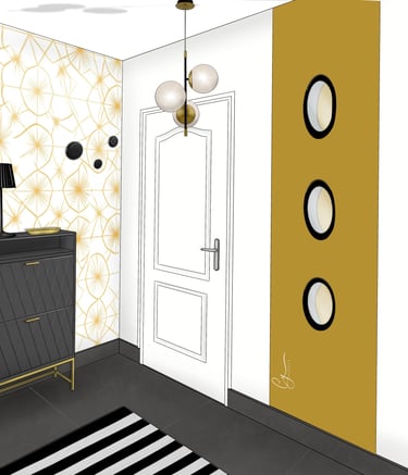 Couloir coloré, avec un mur moutarde et une tapisserie dorée