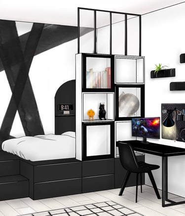 Chambre d'adolescent avec lit sur une plate-forme. Couleur noire et blanche