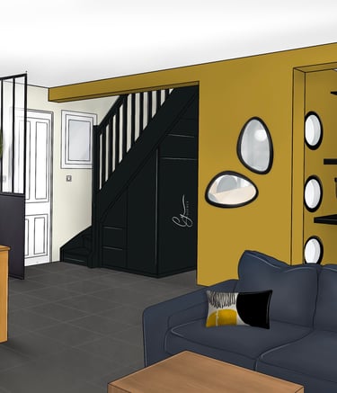 Dessin procreate d'un salon redécoré dans les tons jaunes et noirs