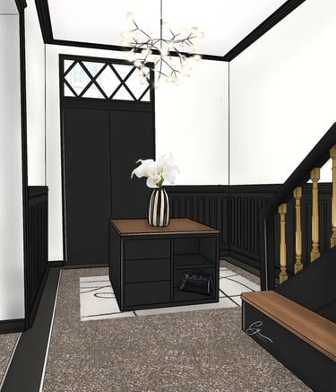 Entrée avec de la hauteur sous plafond, sous bassements noirs et peinture blanche