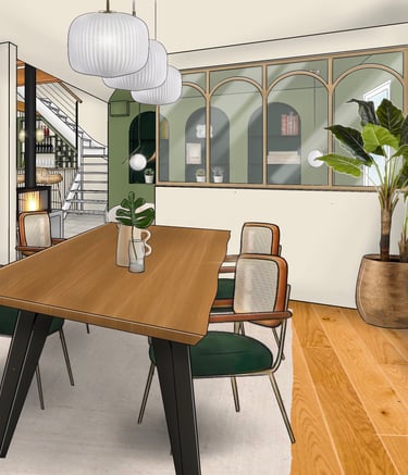 salle à manger avec claustra en vert et arche, dans le style art déco et scandinave
