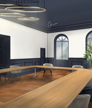 Salle de réunion décorée et repeinte dans les ton bleu avec un sous bassement style haussmanien
