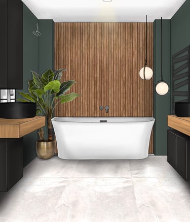 Salle de bain dans les tons verts avec baignoire et parement en bois