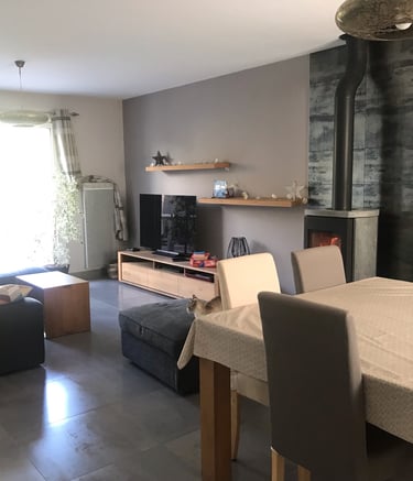 Photo d'un salon, salle à manger dans les tons beiges et gris.