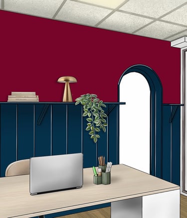Bureau avec sous bassement en bois et tablette.Dans les tons bleus et rouges