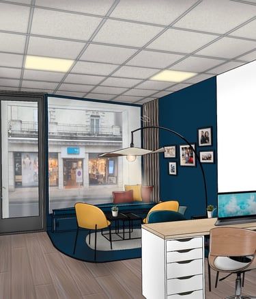 Coin accueil avec des fauteuils jaunes et une banquette bleue