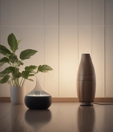 A collection of Apple products and accessories are arranged on a wooden surface. There is a MacBook partially visible, an iPhone with a colorful home screen, an Apple Watch with a metallic band, a pair of AirPods, a Magic Mouse, a power bank, and a remote control. A plant is slightly visible in the bottom left corner.