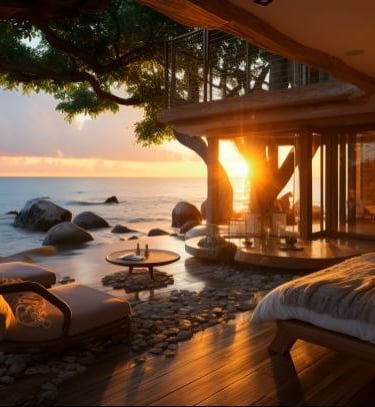a bedroom with a bed and a couch