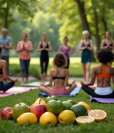 a group of people doing yoga in a park