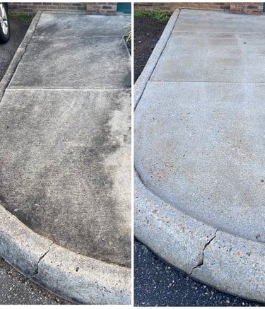 Before and after power washing a dirty concrete sidewalk to remove dark grime and stains.