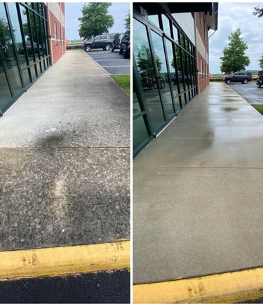 Before and after comparison of a commercial concrete sidewalk pressure washing service.