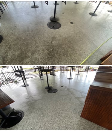 Before and after comparison of professional commercial pressure washing on a restaurant patio floor.