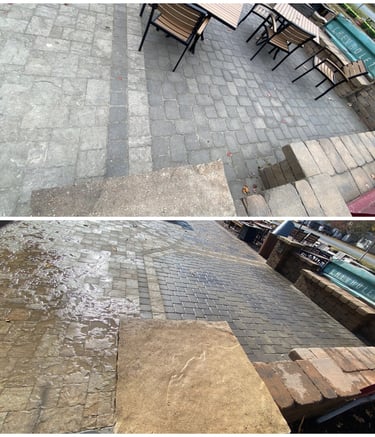 Before and after comparison of professional power washing on a commercial stone patio with outdoor seating.
