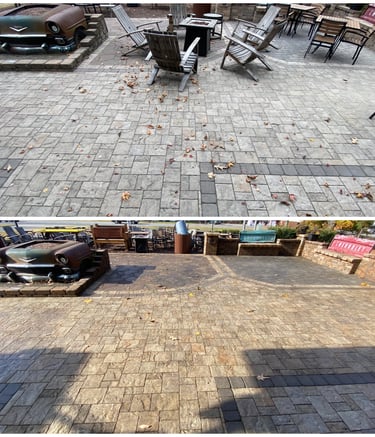 Before and after comparison of brick paver cleaning achieved by soft washing to remove stains.