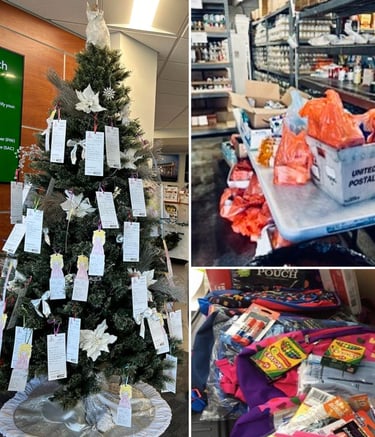Collage showing Angel Tree at Boulder Dam Credit Union, food drive bags, school supplies