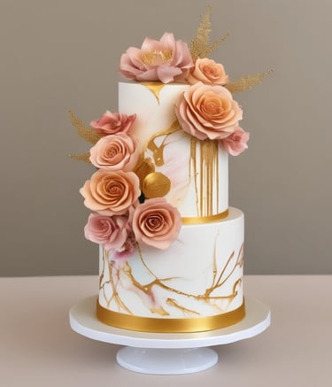 A stunning wedding cake adorned with fresh flowers and gold accents.