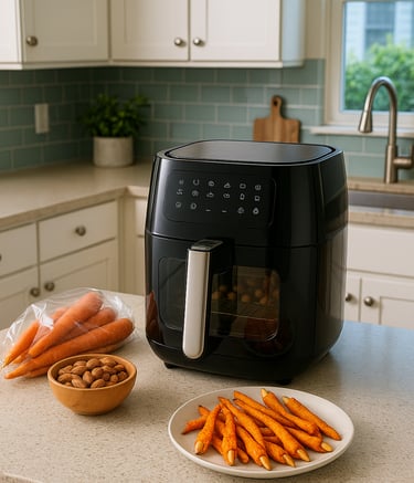 This is a photo of a kitchen. On the kitchen island is an air fryer, a bag of carrots, and a bowl of almonds.
