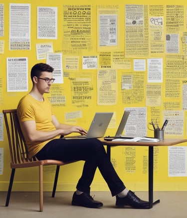 A man is seated at a table, working on a laptop in front of a bright yellow wall. The wall has a large collection of words related to technology, such as 'Information Technology' and 'Data'. A chair with a striped design is partially visible, and a notebook and phone rest on the table.