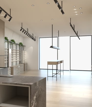 Diseño interior de óptica moderna por MSDecop, con mostradores y estanterías de exposición.